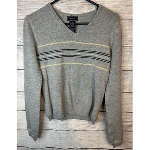 American Eagle Outfitters Women's Gray Blue Striped V-Neck Sweater Size Medium M